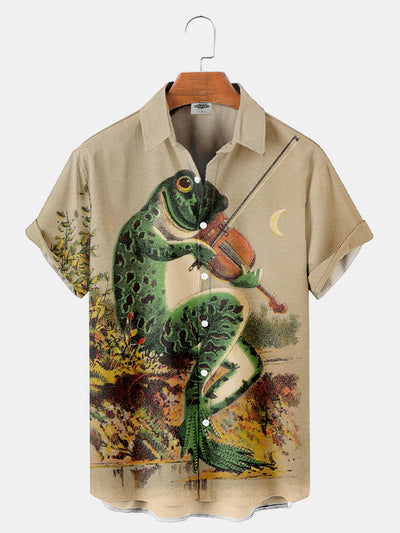 Fydude Men'S Ukiyo-E Frog Playing The Violin Printed Shirt