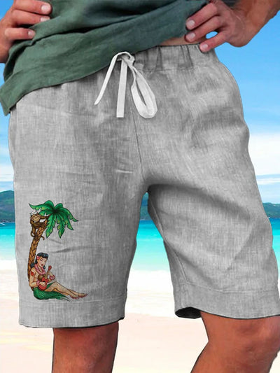 Fydude Linen Cozy Breathable Coconut Tree Vacation Beach Hawaiian Shorts