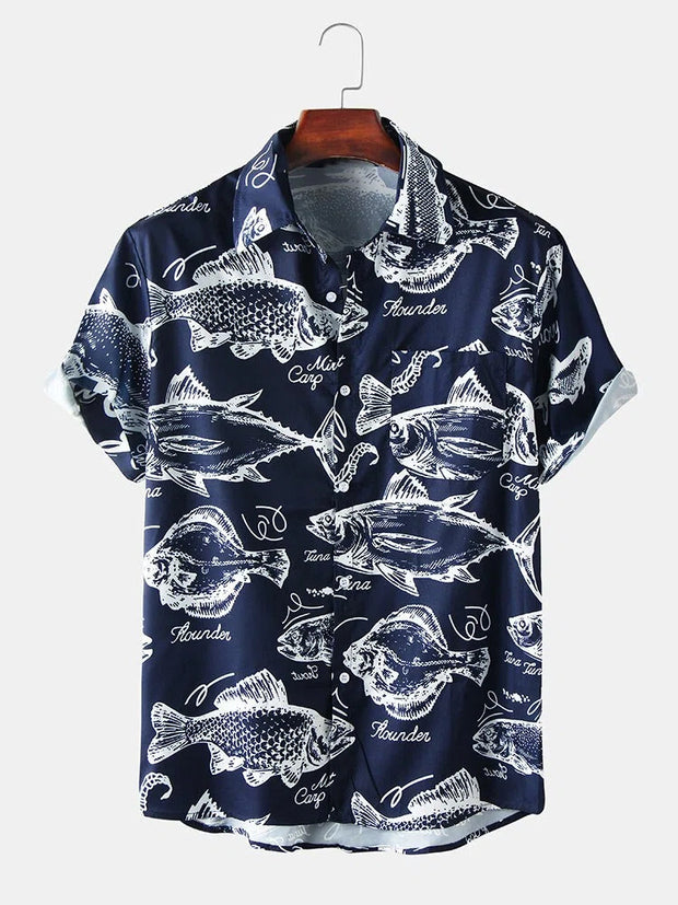 Mens Fishes Print Short Sleeve Casual Shirts With Pocket