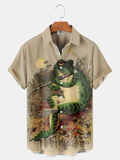 Fydude Men'S Ukiyo-E Frog Playing The Flute Printed Shirt