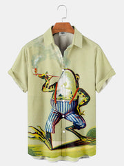 Fydude Men'S Ukiyo-E Frog Smoking And Wearing Overalls Printed Shirt