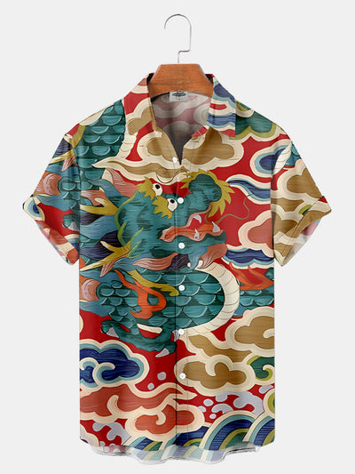 Men'S Ukiyo-E Oriental Dragon And Cloud Printed Shirt