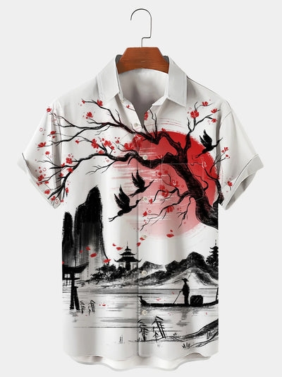 Fydude Men's Oriental Plum Blossom Printed Shirt