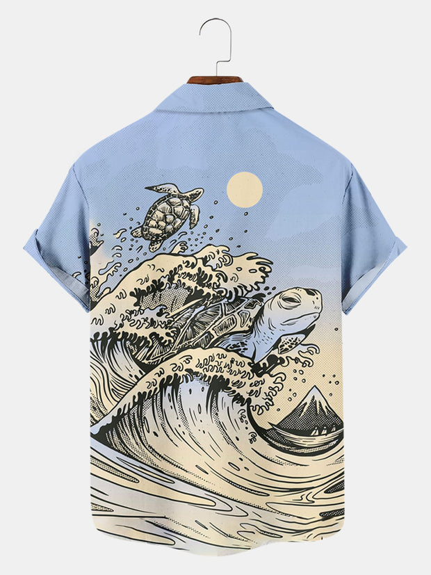 Fydude Men'S Ukiyo-E Ocean Waves And Sea Turtles Printed Shirt