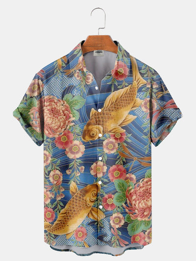 Fydude Men's ukiyo-e koi printed shirt