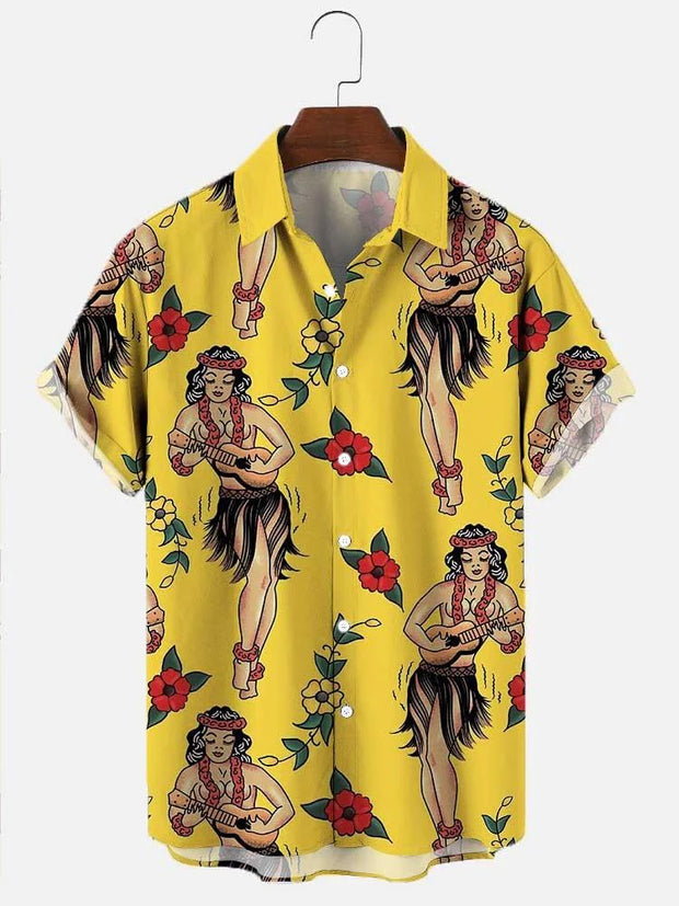 Fydude Men'S Vintage Aloha Mermaids Casual Breathable Hawaiian Print Shirt