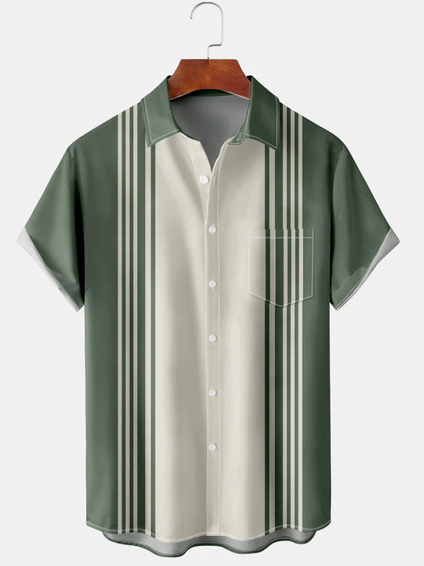 Fydude Mens Front Buttons Soft Breathable Chest Pocket Casual Stripe Bowling Shirt