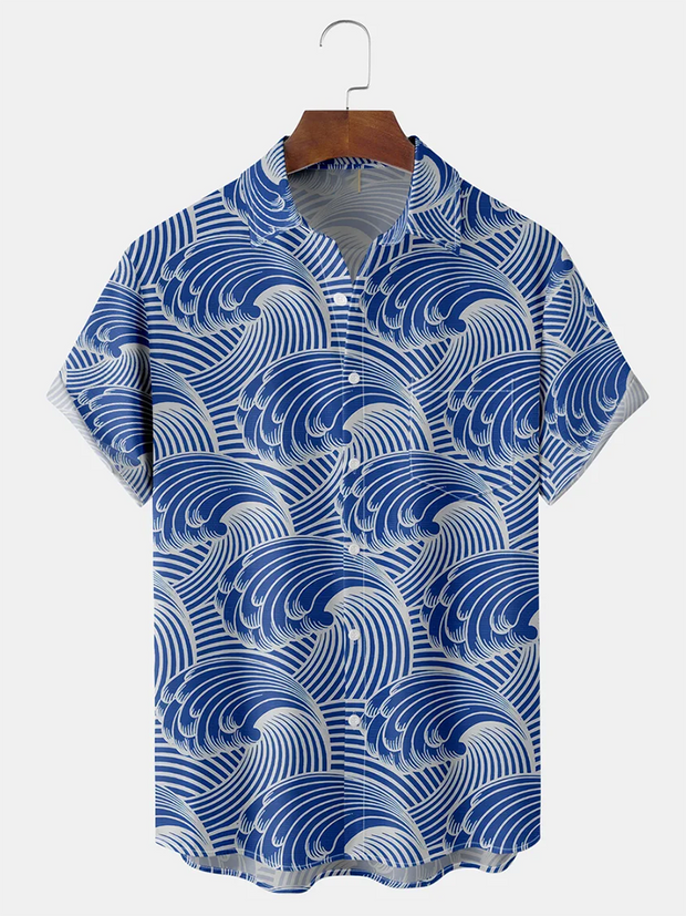 Fydude Waves Chest Pocket Short Sleeve Hawaiian Shirt