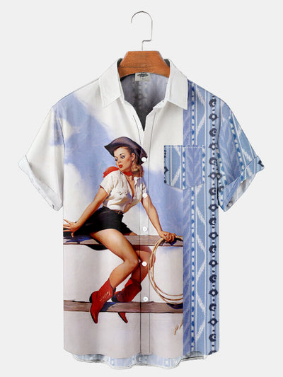 Fydude Men'S West Cowboy Pinup Girl Print Shirt
