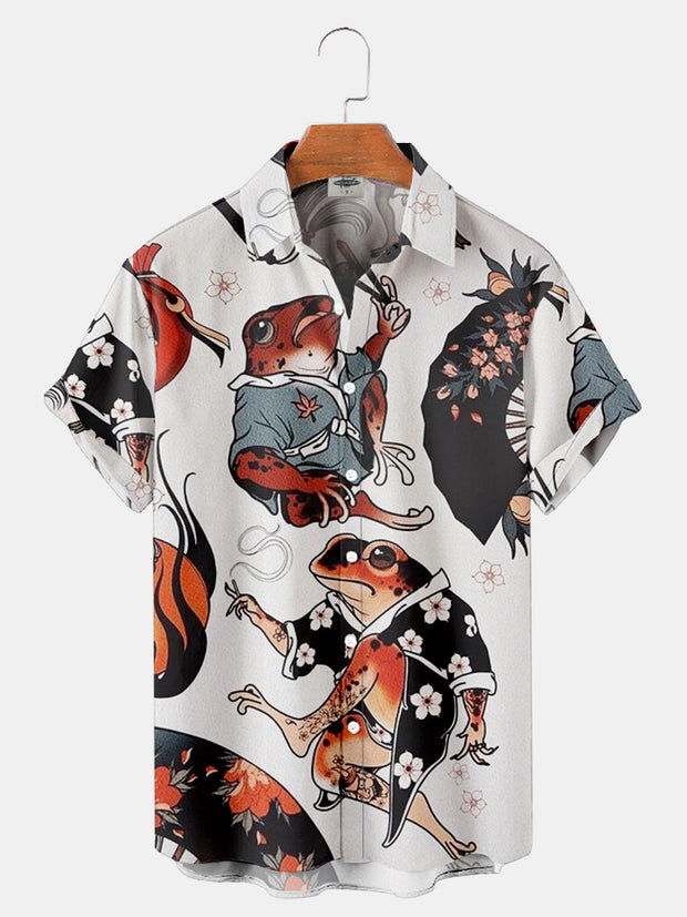 Fydude Men'S Ukiyo-E Tatto Frog Fish Printed Shirt