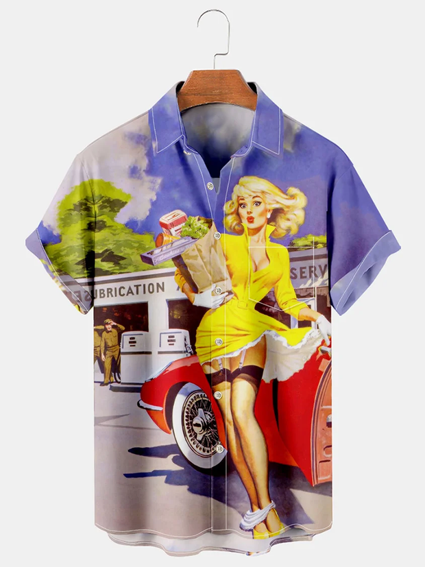 Fydude Vintage Car Belle Print Breast Pocket Vacation Shirt Hawaiian Shirt