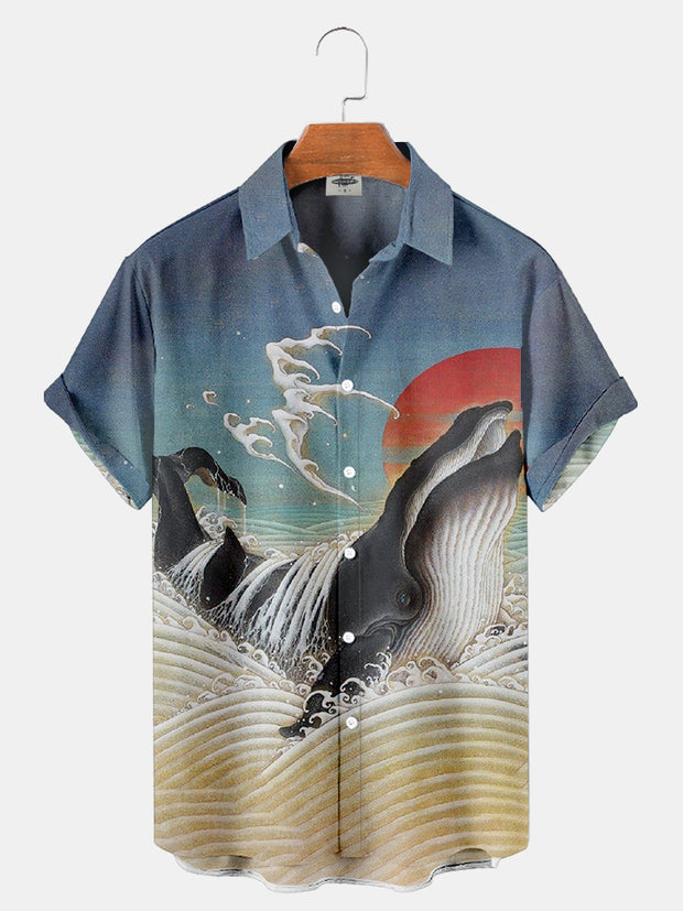 Men'S Waves And Whales Print Shirt