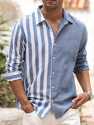 Fydude Men's Vacation Stripe Panel Cotton Linen Shirt
