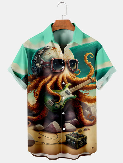 Fydude Men'S Steampunk Octopus Playing Guitar Printed Shirt