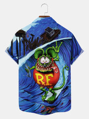 Fydude Men'S Fun Surfing and Cute RF Mouse Hot Rod RAT FINK Printed Shirt