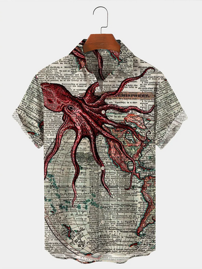 Fydude Vintage Newspaper Ocean Octopus Men's Hawaiian Shirt Anti-Wrinkle Button Down Shirt