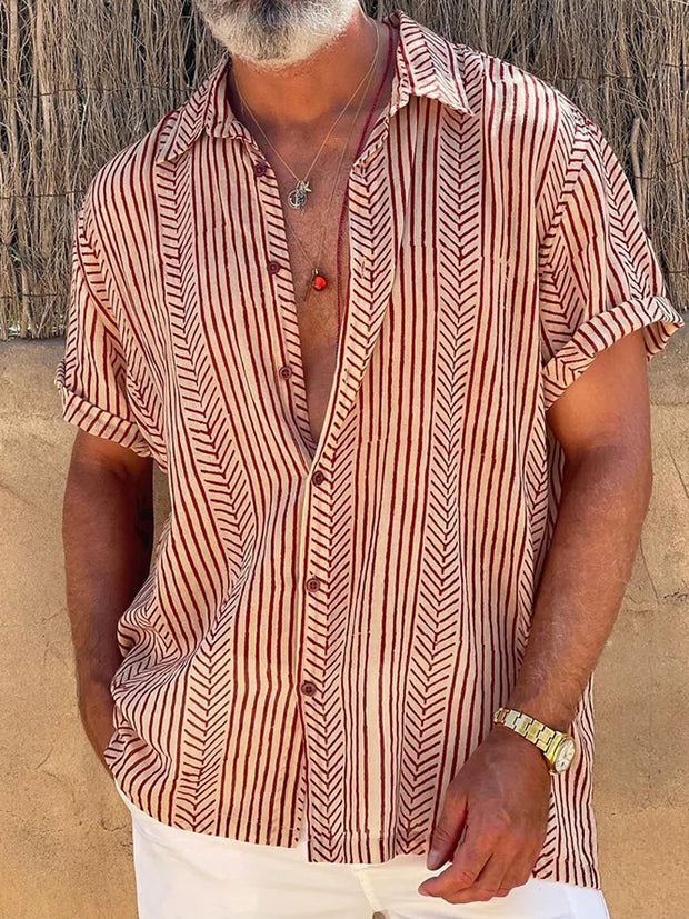 Fydude Men'S Vacation Striped Cotton linen Shirt