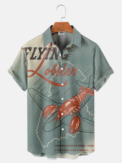 Men'S 50s retro art Flying Lobster Print Shirt
