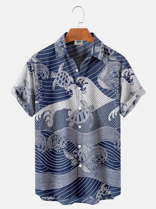 Men's Sea Turtle Wave Print Regular Sleeve Shirt