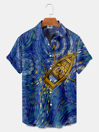 Men'S Van Gogh Starry Sky Sea Boating Print Shirt