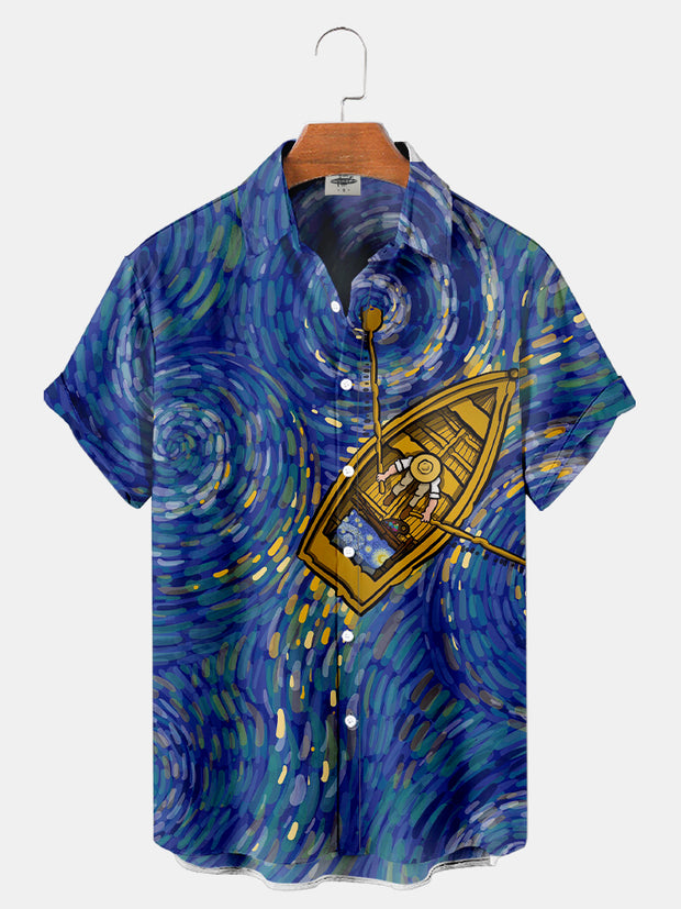 Men'S Van Gogh Starry Sky Sea Boating Print Shirt