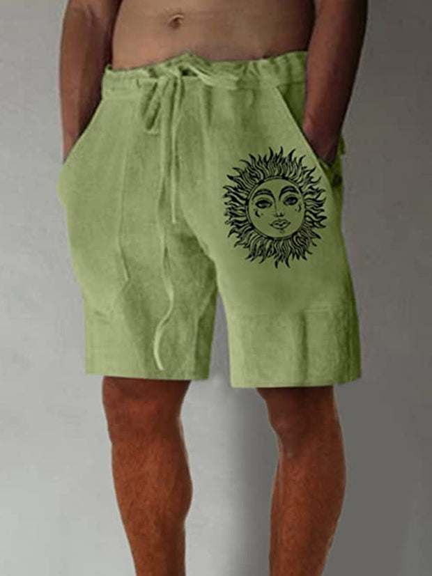 Fydude Green Linen Graphic Print Breathable Moisture Lounge Shorts