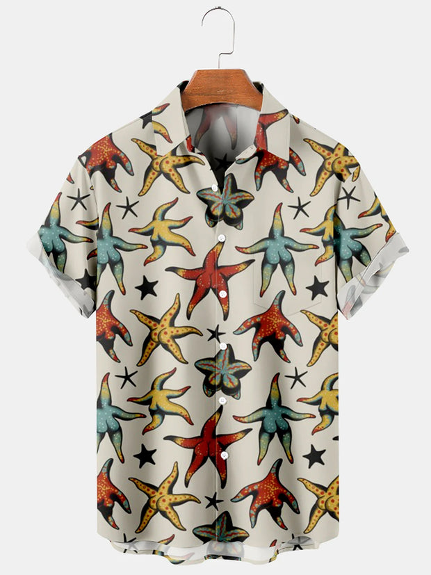 Fydude Men'S Retro Fun Sexy Starfish Printed Shirt