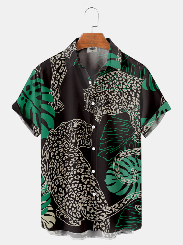 Fydude Men'S Palm Leaves And Leopard Printed Shirt