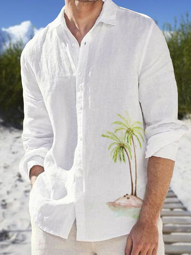Fydude Men'S Vacation Coconut Tree Cotton Linen Shirt