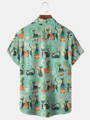 Fydude Men'S Retro Geometric Shapes Cat Printed Shirt