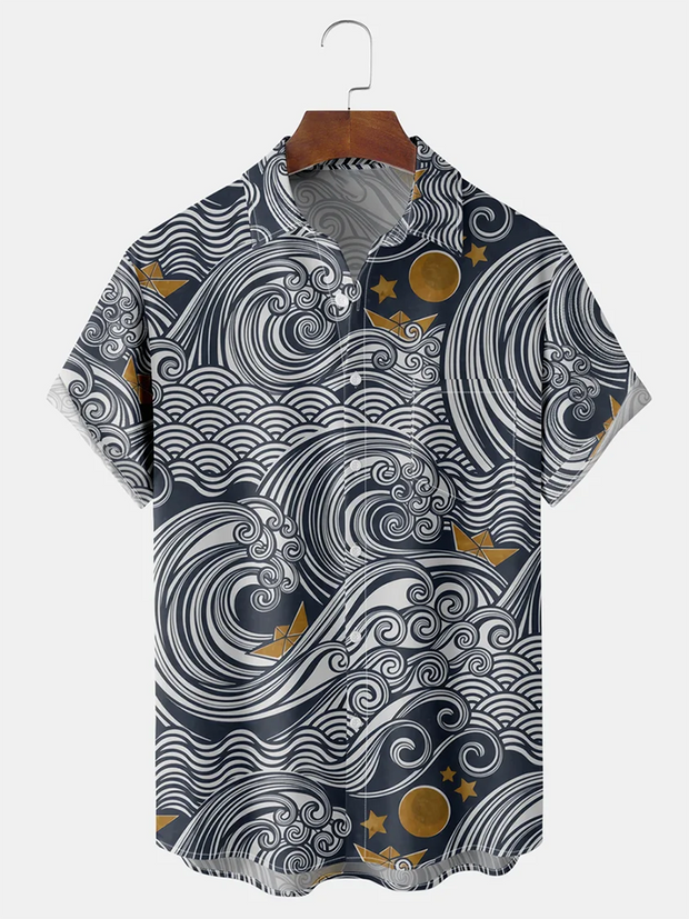 Fydude Sea Wave Chest Pocket Short Sleeve Shirt