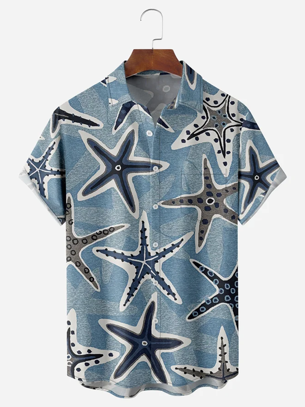 Fydude Starfish Marine Life Chest Pocket Short Sleeve Hawaiian Shirt