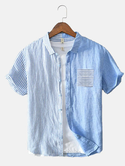 Men'S Striped Stitching Short-Sleeved Pure Cotton BreathableShirt