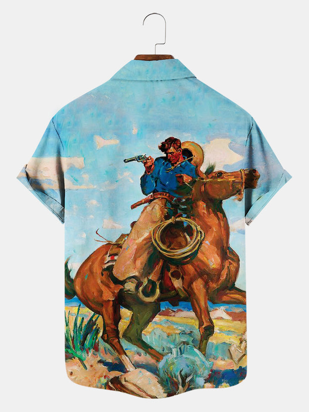 Fydude Men'S West Cowboy Painting Print Shirt