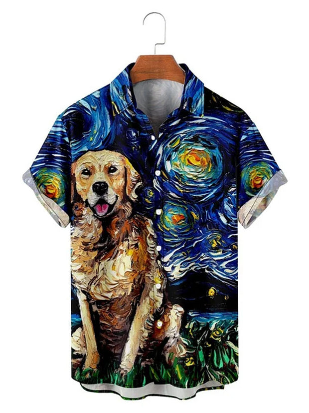 Fydude Men'S Artistic Oil Painting Star Dog Print Short Sleeves Shirt