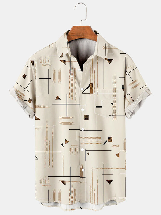 Fydude Men's Geometric Basic Line With Chest Pocket Casual Short Sleeve Hawaiian Shirt