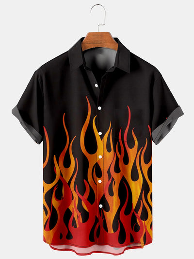 Fydude Men'S Fire Flame Print Short-Sleeved Shirt
