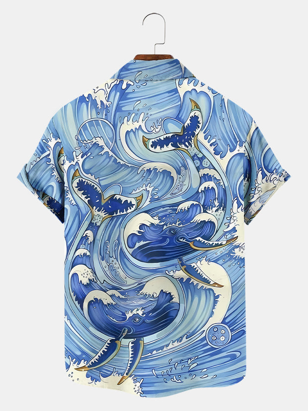 Fydude Men'S Waves And Whales Printed Shirt