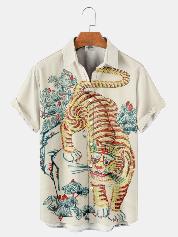 Fydude Men'S Ukiyo-E Embroidery Tiger Printed Shirt