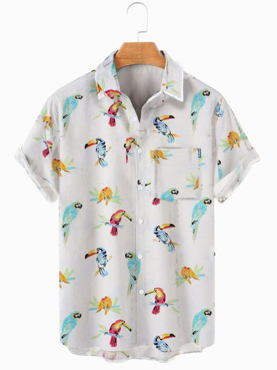 Men'S  Birds Print Casual Shirt Collar Short Sleeve Shirt