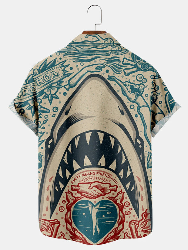 Fydude Men'S Vintage Shark Poster Printed Shirt
