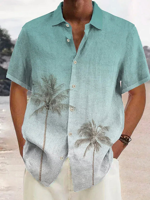 Fydude Men'S Gradient Coconut Tree Print Cotton Linen Shirt