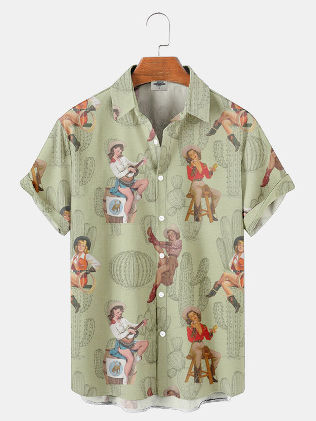 Fydude Men'S Western Cactus Vintage Pin-Up Girl Print Shirt
