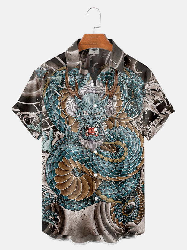 Fydude Men'S Ukiyoe Oriental dragon Japanese Hawaiian Printed Shirt