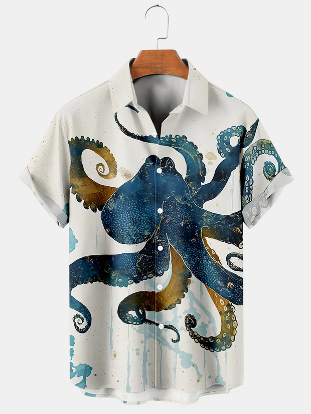 Fydude Men's Sea Life Octopus Ink Splatter Short Sleeve Shirt