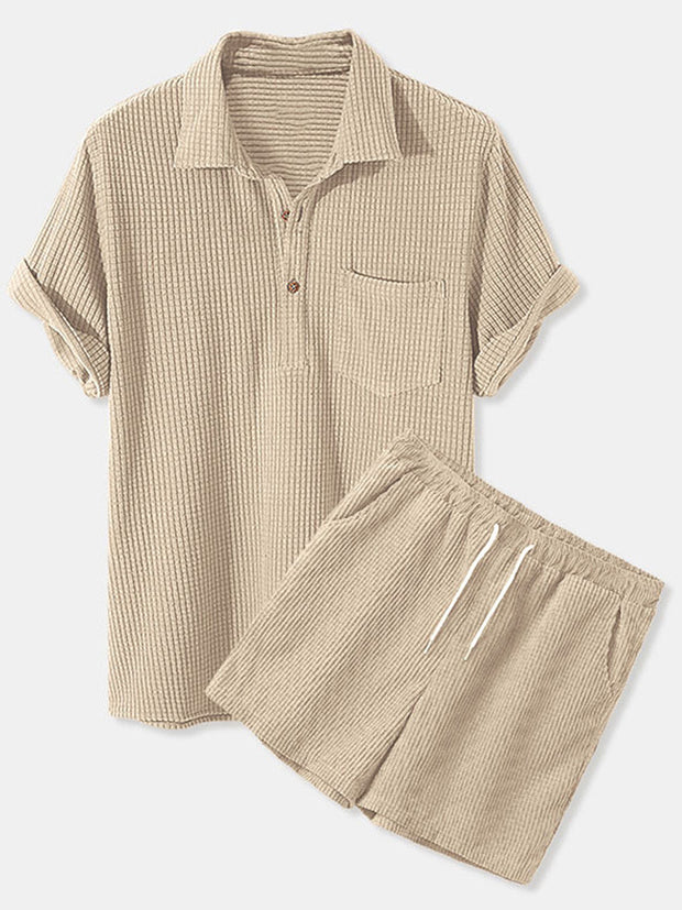 Fydude Men'S Check Corduroy Solid Color Shirt Shorts Suit