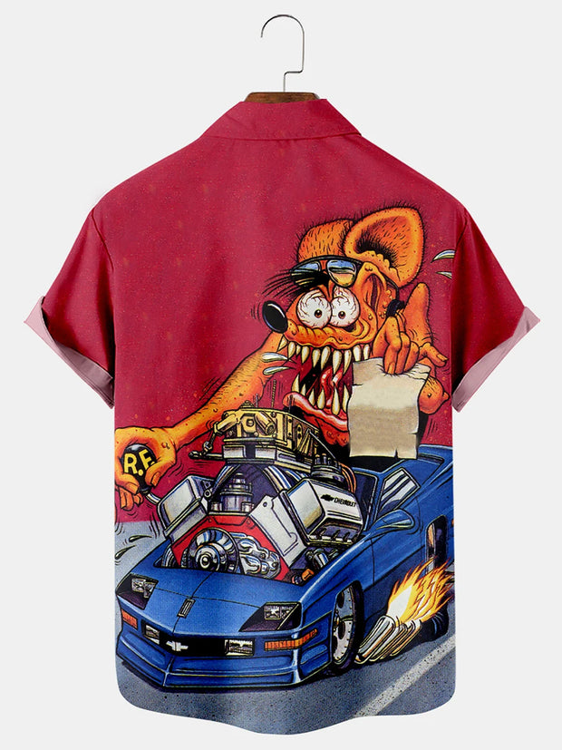 Fydude Men'S Fun Hot Rod Rat Fink Motorbike And Cute Mouse Printed Shirt