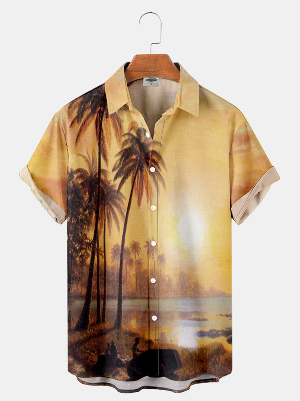 Men's "Tropical Landscape with Fishing Boats in Bay" Print Shirts