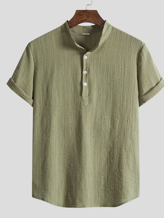 Cotton And Linen Solid Color Stand Collar Shirt
