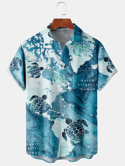 Men'S Ocean Map And Turtles Print Shirt